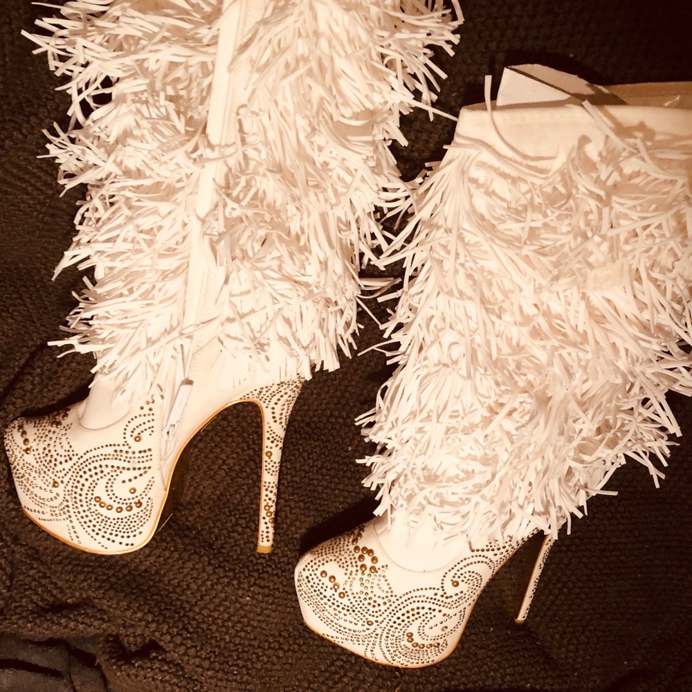 Party fringed white and gold boots